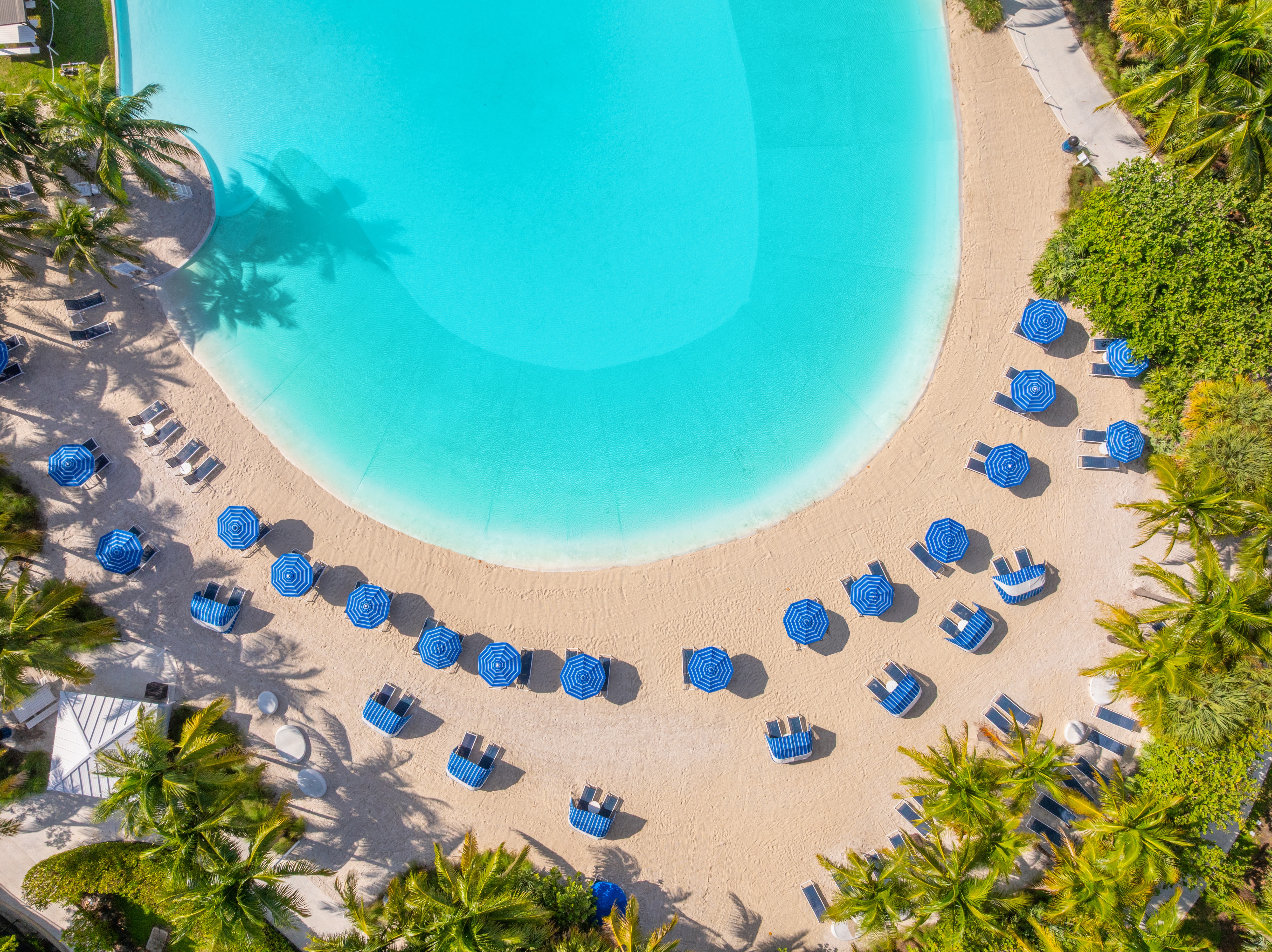 An aerial view of a beach with blue umbrellas and a swimming pool.